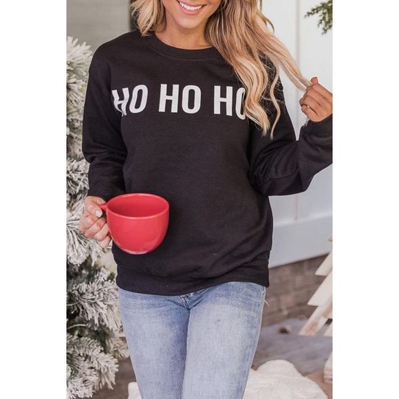 Azura Exchange  Black HO HO HO Print Long Sleeve Pullover Sweatshirt - Picture 1 of 6
